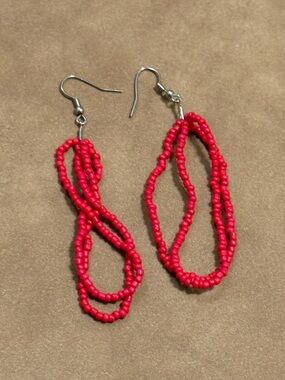 Red Seed Bead Loop Drop Earrings - Women Jewelry